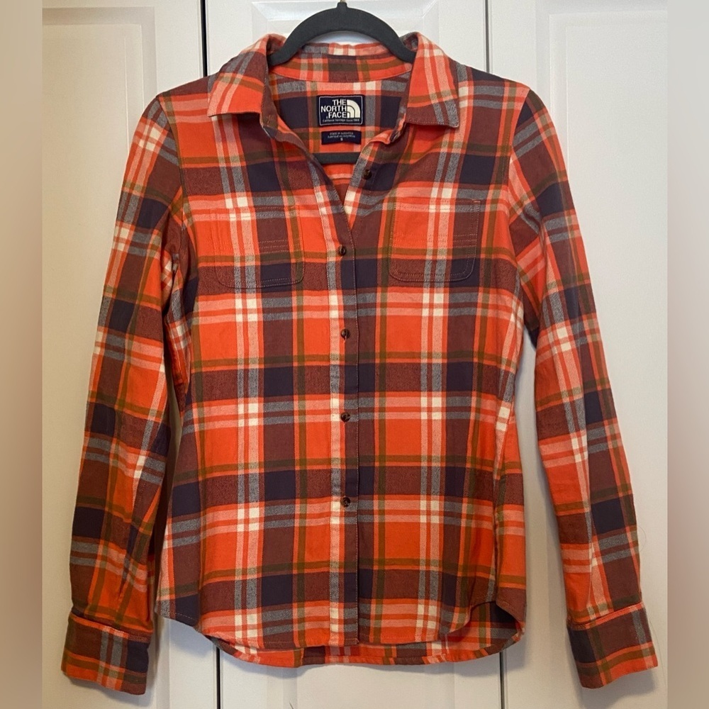 The North Face Women’s Fair Acres Button Down Plaid - Orange and Blue - Picture 2 of 10